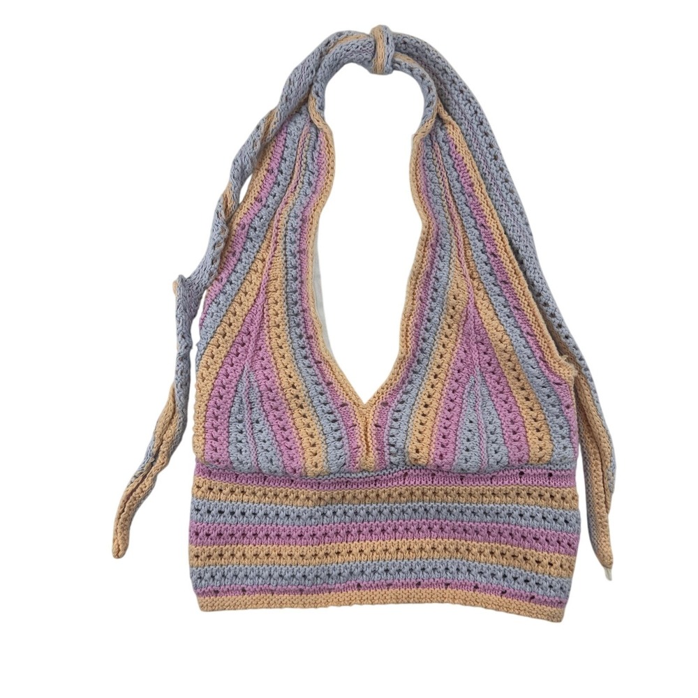 Hollister Crop Top Womens XS Crochet Knit Boho Striped Halter‎ Festival Summer